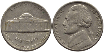 США 5 ЦЕНТОВ 1972 D, ДЖЕФФЕРСОН KM А192 медно-никель 31-631