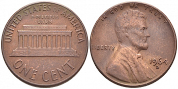 США 1 ЦЕНТ 1964 D, ЛИНКОЛЬН KM 201 медь цинк 105-1057