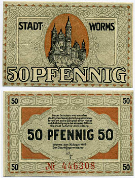 ВОРМС, ГЕРМАНИЯ 50 ПФЕННИГОВ 1919 30 АВГУСТА 1919, НОТГЕЛЬД, ЗЕМЛЯ РЕЙЛАНД-ПФАЛЬЦ, СЕРИЯ И НОМЕР КРАСНЫЕ, ВОДЯНОЙ ЗНАК ZICKZACKLINEN Grabowski W62.2a бумага 8613-36-1-1