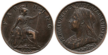 Великобритания 1 фартинг 1900 Виктория (1837-1901) KM 788.2, Spink 3964 бронза  1518-1144