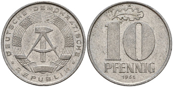 ГДР 10 пфеннигов 1965 A KM 10 алюминий 27-146