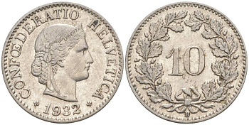 Швейцария 10 раппенов 1932 B KM 27b никель     3309-559
