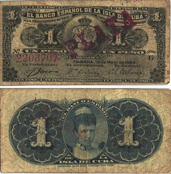 Куба 1 песо 1896 серия G, королева регент Мария Кристина, Испанский банк для Кубы, красная диагональная надпечатка PLATA Pick 47b  бумага   8614-19-2-1
