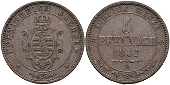 Саксония 5 пфеннигов 1867 В, Johann (1854-1873) KM 1218, AKS 151, J. 123 медь 4587-624