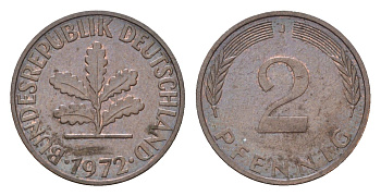 ФРГ 2 пфеннига 1972 J KM 106a, J.381a сталь плакированная медью 4618-1018