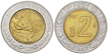 Мексика 2 песо 2007 Mo KM 604 биметалл aUNC 186-642