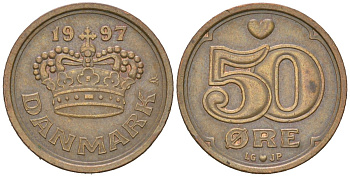 Дания 50 эре 1997 LG, Маргрете II (1972-) KM 866 бронза 213-1214