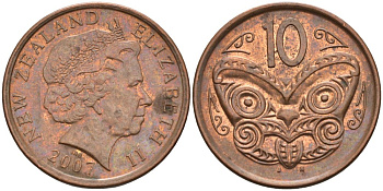 Новая Зеландия 10 центов 2007 маска Маори, Елизавета II (1952-) KM 117а сталь плакированная медью 4579-1255