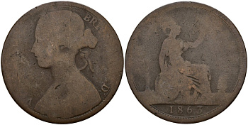 Великобритания 1 пенни 1863 Виктория (1837-1901) KM 749.2, Spink 3954 бронза 4149-1141