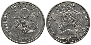 ФРАНЦИЯ 10 ФРАНКОВ 1986 РЕСПУБЛИКА KM 959 никель 80-525