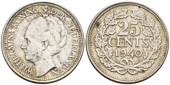 Нидерланды 25 центов 1940 Вильгельмина (1890-1948) KM 164 серебро 94-723