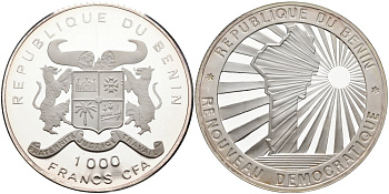 Бенин 1000 франков 1992 демократия и иновации, карта в лучах солнца KM 2 серебро PROOF 00-00