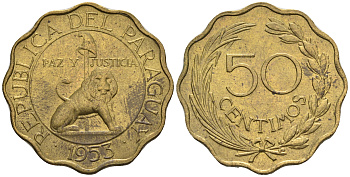 Парагвай 50 сентимо 1953 лев, фригийский колпак на шесте KM 28 алюминиевая бронза  aUNC  4177-215
