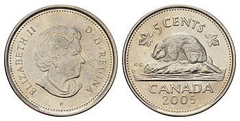 Канада 5 центов 2005 P, Елизавета II (1952-2022), бобр KM 491 сталь плакированная никелем UNC 4689-457