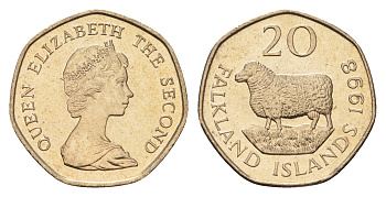 Фолклендские острова (Фолкленды) 20 пенсов 1998 Елизавета II (1952-2022), овца Ромни-марш KM 17 медно-никель  UNC  4675-222
