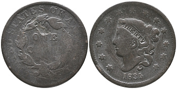 США 1 цент 1835 ROBERT SCOT, CORONET, LARGE CENTS, диаметр 28 мм. медь 272-1225
