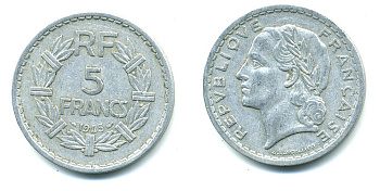 Франция 5 франков 1945 KM 888b.1, Le Franc 339.3 алюминий 47-245