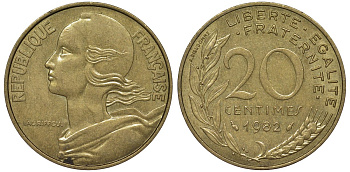 Франция 20 сантимов 1982 KM 930, Le Franс 156.22 медь алюминий никель 4122-145
