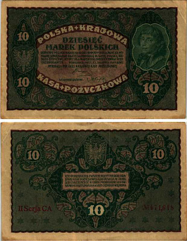 ПОЛЬША 10 МАРОК 1919 23 АВГУСТА 1919, ТРЕТИЙ ВЫПУСК, ТАДЕУШ КОСТЮШКО Pick 25 бумага VF-XF 7487-42-2-2