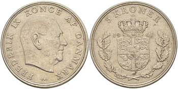 ДАНИЯ 5 КРОН 1961 C; S, ФРЕДЕРИК IX (1947-1972) KM 853.1 медно-никель 38-442