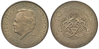Монако 10 франков 1981 Ренье III (1949-2005) KM 154 медь алюминий никель 4680-213