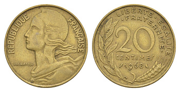 Франция 20 сантимов 1968 тип Morlon KM 930, Le Franc 156.8 алюминиевая бронза 4631-457