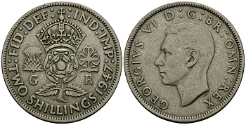Великобритания 2 шиллинга (флорин) 1947 Георг VI (1936-1952) KM 865, Spink 4102 медно-никель 4120-822