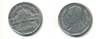 Таиланд 5 батов 2008 BE2551, король Рама IX, дворец KM 219 медь плакированная медно-никелем 177-914