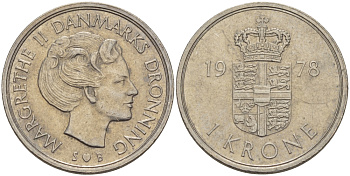 Дания 1 крона 1978 S; B, Маргрете II (1972-) KM 862.1 медно-никель 67-557