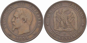 Франция 10 сантимов 1855 B, Наполеон III (1852-1870) KM 771.2, Le Franc 133.21 бронза    4680-535