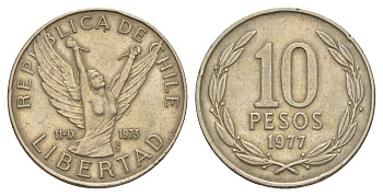 Чили 10 песо 1977 KM 210 медно-никель 4656-1032