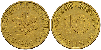 ФРГ 10 пфеннигов 1985 D J. 383, KM 108 сталь плакированная латунью    4603-535