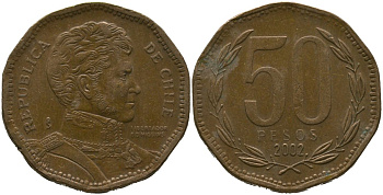 Чили 50 песо 2002 So KM 219.2, Schon 70 алюминиевая бронза 4544-411