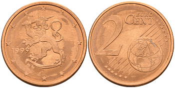 Финляндия 2 евроцента 1999  KM 99 сталь плакированная медью  UNC  4160-324