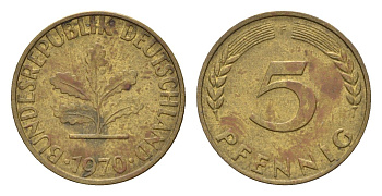ФРГ 5 пфеннигов 1970 F KM 107, J. 382 сталь плакированная латунью 4618-1054