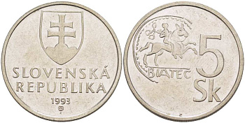 СЛОВАКИЯ 5 КРОН 1993 KM 14 сталь плакированная никелем 4514-811