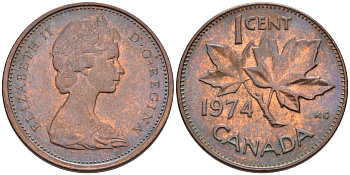Канада 1 цент 1974 Елизавета II (1952-2022), кленовый лист KM 59.1 бронза    4147-257
