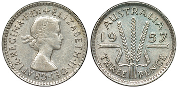 Австралия 3 пенса 1957 m, Елизавета II (1953-) KM 57 серебро 71-534