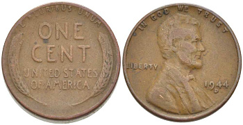 США 1 ЦЕНТ 1944 D, ЛИНКОЛЬН KM А132 медь цинк 218-438