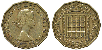 Великобритания 3 пенса 1955 Елизавета II (1952-2022) KM 900, Spink 4153 никель латунь 4122-926