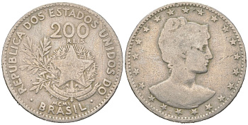 Бразилия 200 реалов 1901 MCMI, голова свободы вправо KM 504 медно-никель 4612-221