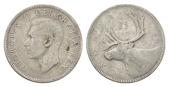 Канада 25 центов 1950 Георг VI (1936-1952), олень KM 44 серебро 4622-822