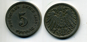 ГЕРМАНИЯ 5 ПФЕННИГОВ 1898 D, KM 11, J. 12 медно-никель 58-126