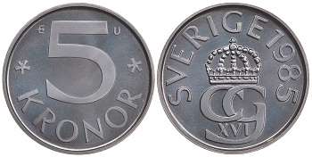 Швеция 5 крон 1985 U, Карл XVI Густав (1973- ) KM 853 медно-никель PROOFLIKE 59-245
