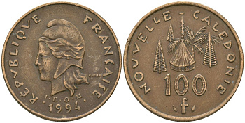 Французская Новая Каледония 100 франков 1994 хижина среди сосен и пальм, (IEOM) KM 15, Schoen 16, Lec 138 никель бронза 88-1032