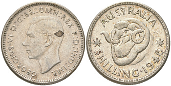 Австралия 1 шиллинг 1946 M, Георг VI (1936-1952), овца меринос KM 39a серебро 4622-133