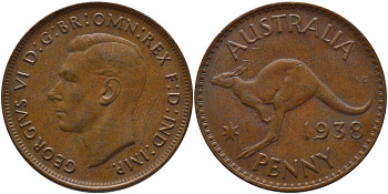 АВСТРАЛИЯ 1 ПЕННИ 1938 ГЕОРГ VI, КЕНГУРУ KM 36 бронза 3334-922