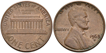 США 1 цент 1963 D, Линкольн KM 201 медь цинк 4564-428