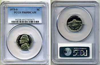 США 5 центов 1975 S, президент Джеферсон, в слабе PCGS PR69CAM KM А192 медно-никель PROOF 15-002-17