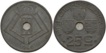 Бельгия 25 сантимов 1946 Belgie - Belgique, Леопольд III (1934-1947), германская оккупация, Вторая мировая война KM 132 цинк 4157-646